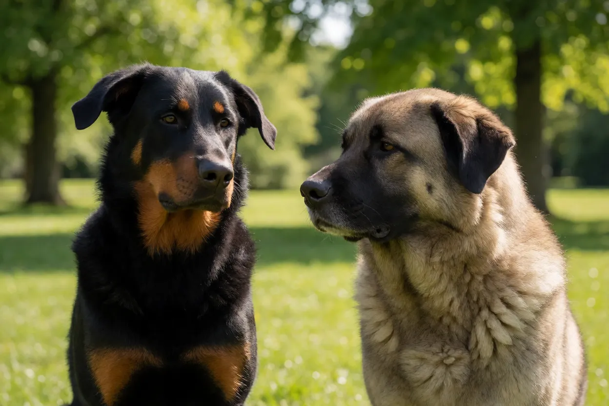 Beauceron e outro c&atilde;o interagindo de forma neutra em parque