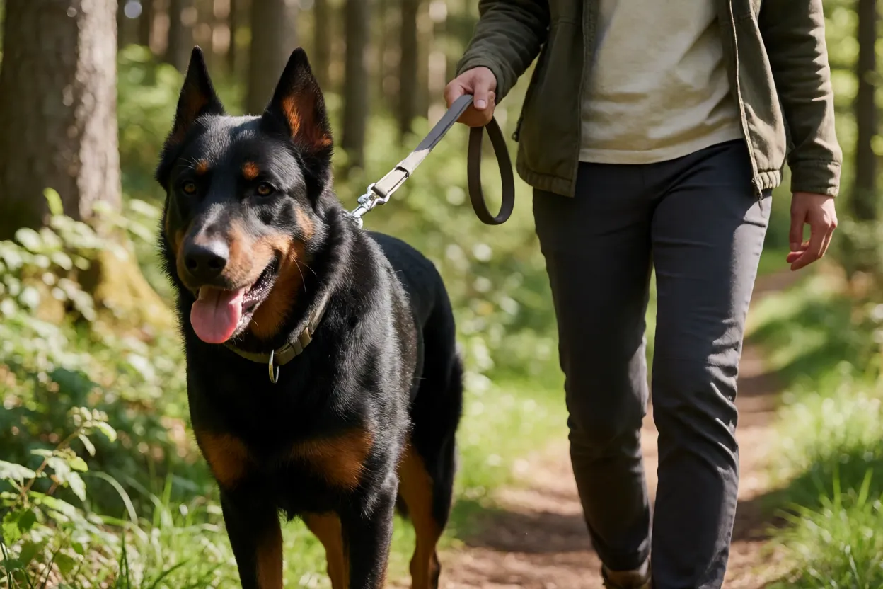 Beauceron em caminhada matinal ao lado do tutor