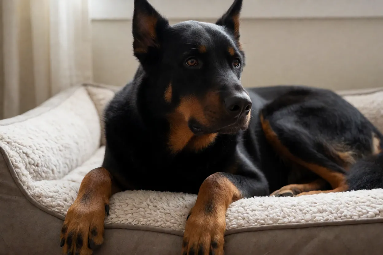 Beauceron adulto em ambiente dom&eacute;stico calmo ap&oacute;s exerc&iacute;cio