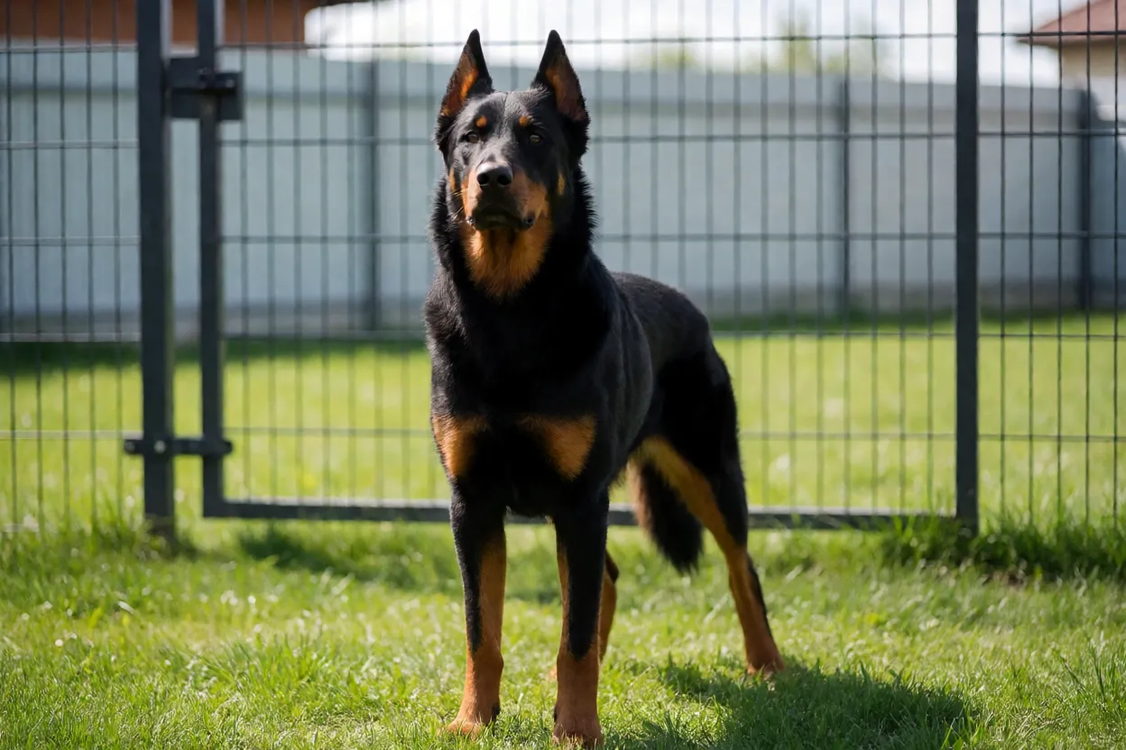 Beauceron em quintal cercado observando o entorno