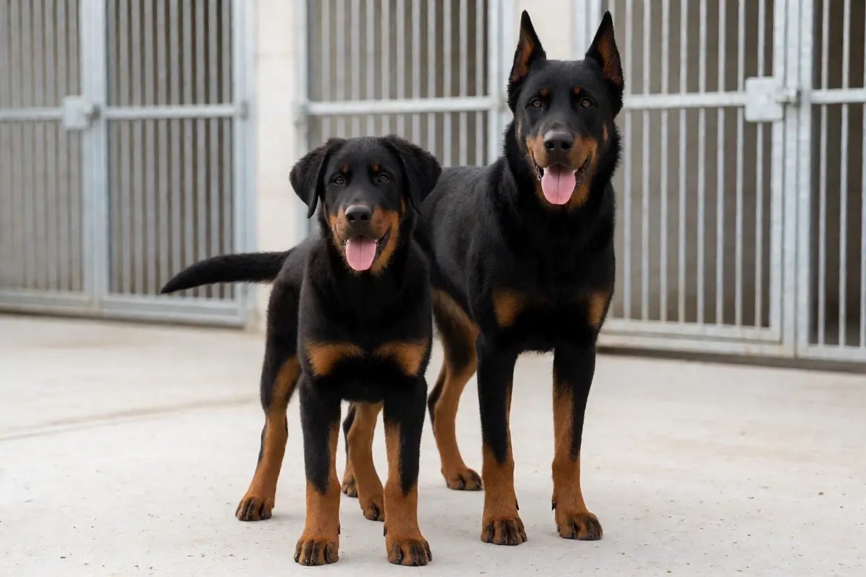 Filhotes de Beauceron saud&aacute;veis com a m&atilde;e em ambiente limpo