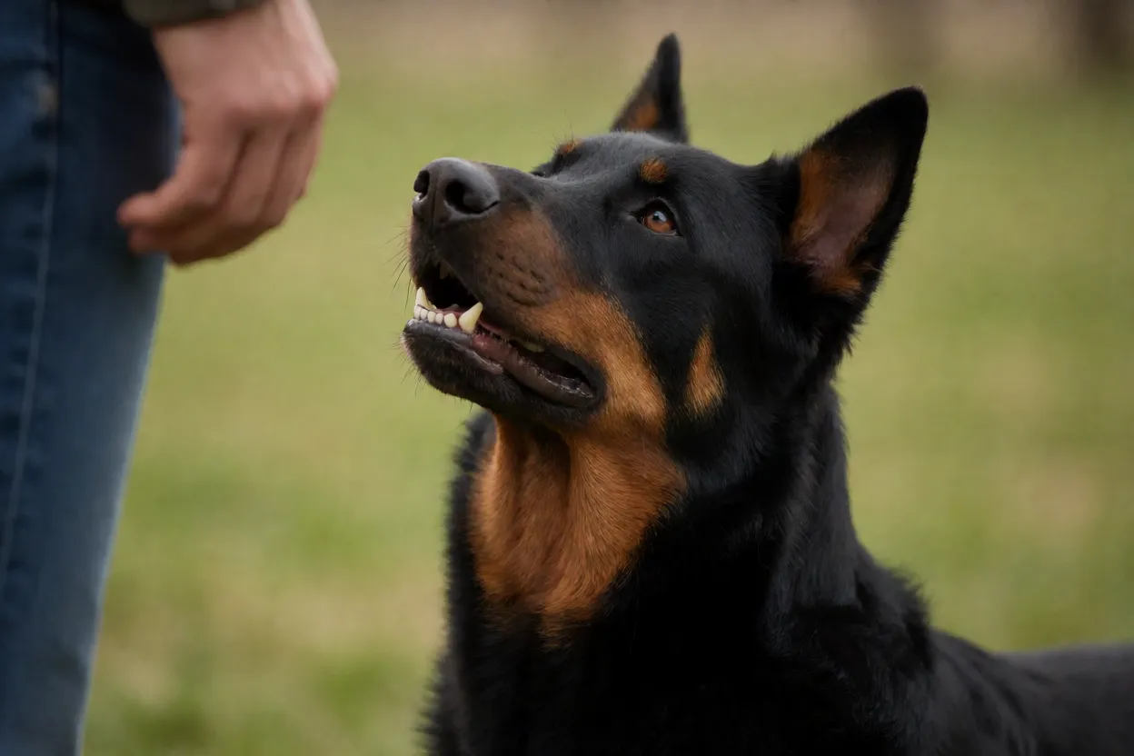 Beauceron adulto olhando para o tutor com express&atilde;o leal