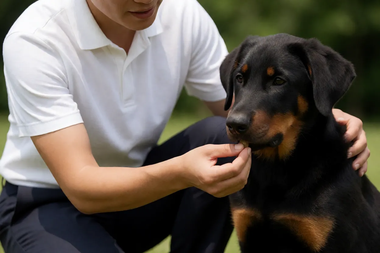 Filhote de Beauceron em sess&atilde;o de treinamento positivo