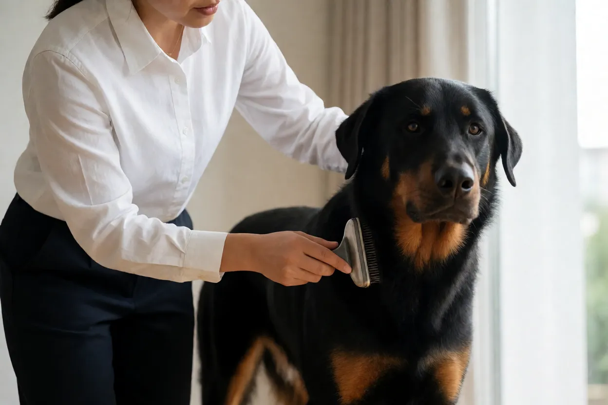 Tutor escovando a pelagem curta de um Beauceron