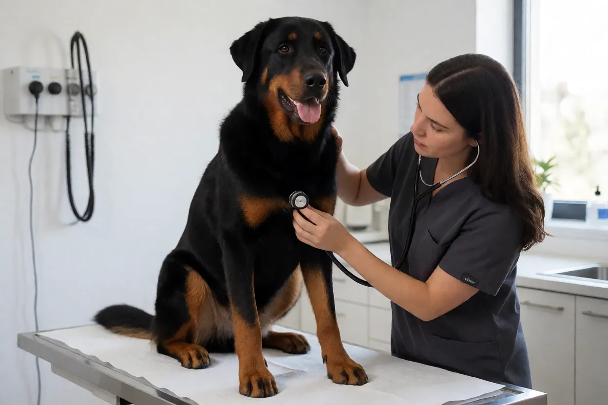 Veterin&aacute;rio examinando Beauceron adulto em consult&oacute;rio