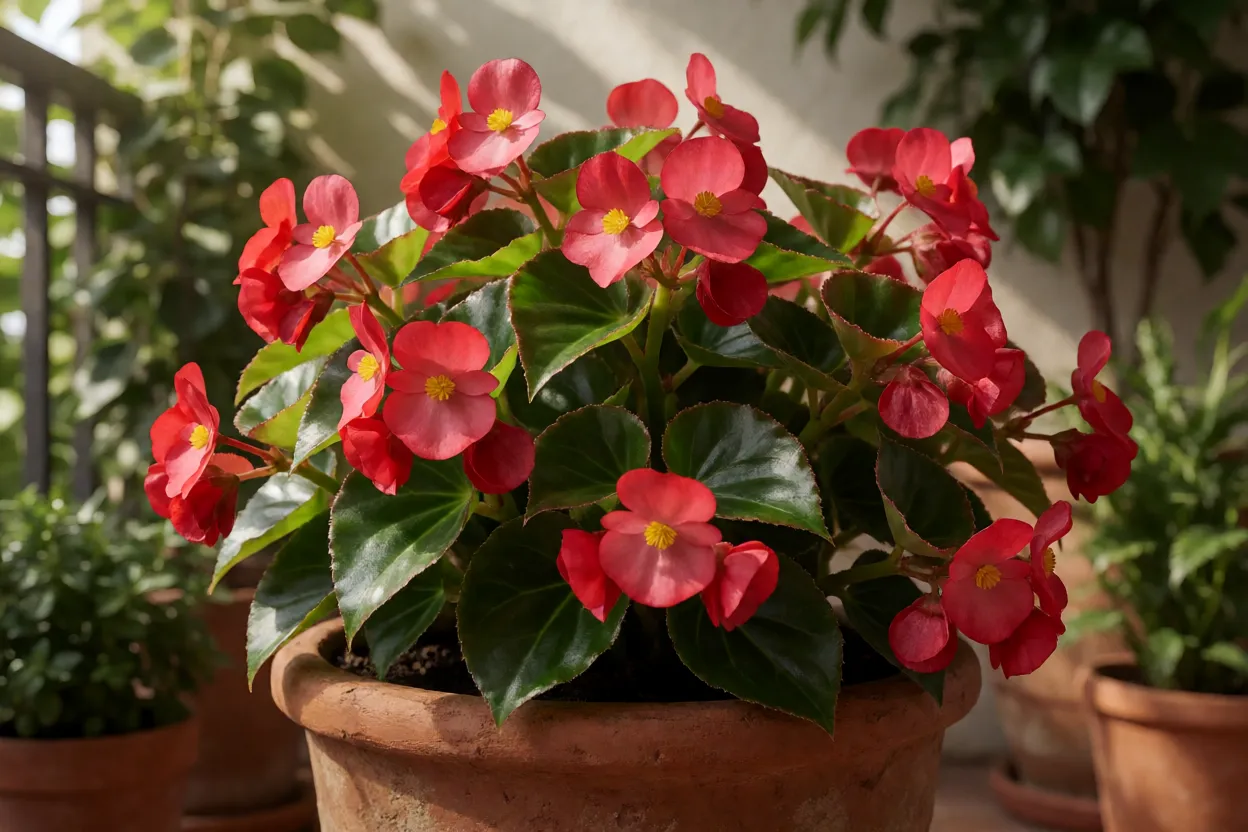 Begônia-cerosa florida em vaso de barro com folhas verdes brilhantes e flores vermelhas