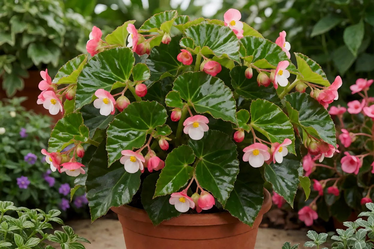 Begônia-cerosa adulta em vaso de barro com folhas brilhantes e flores rosas e brancas