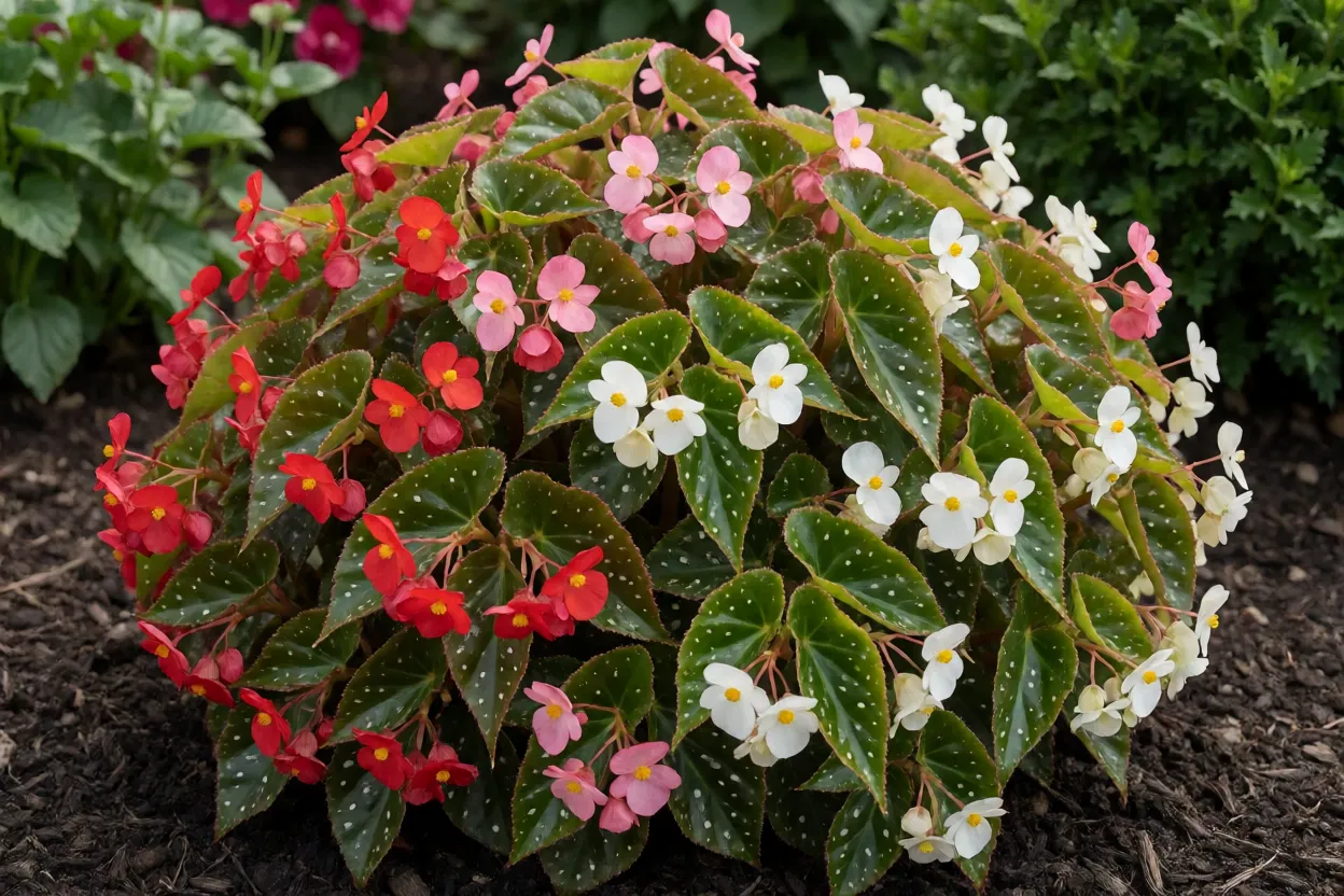 Begônia de cera adulta em canteiro com folhas brilhantes e flores vermelhas e rosas