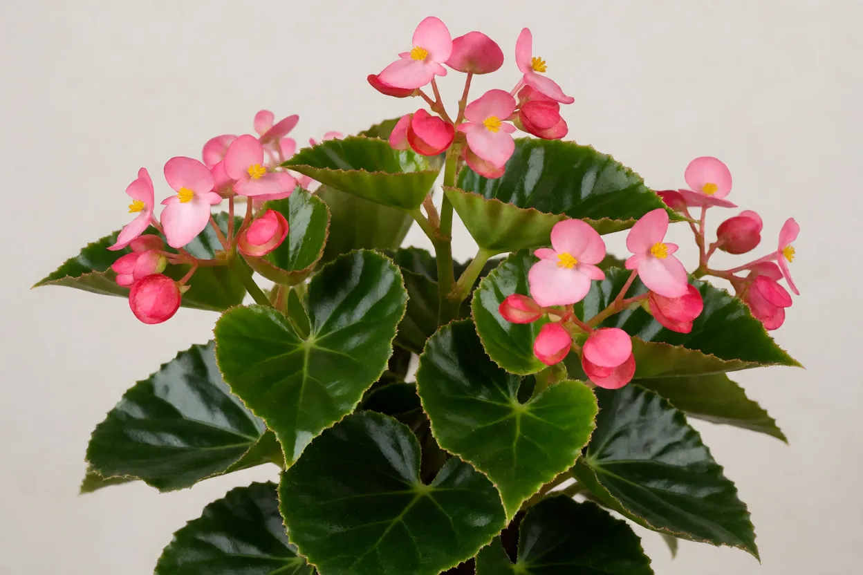 Beg&ocirc;nia de cera com folhas brilhantes e flores rosa em close-up