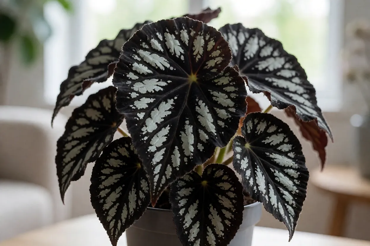 Begônia-negra adulta em vaso com folhas aveludadas quase pretas