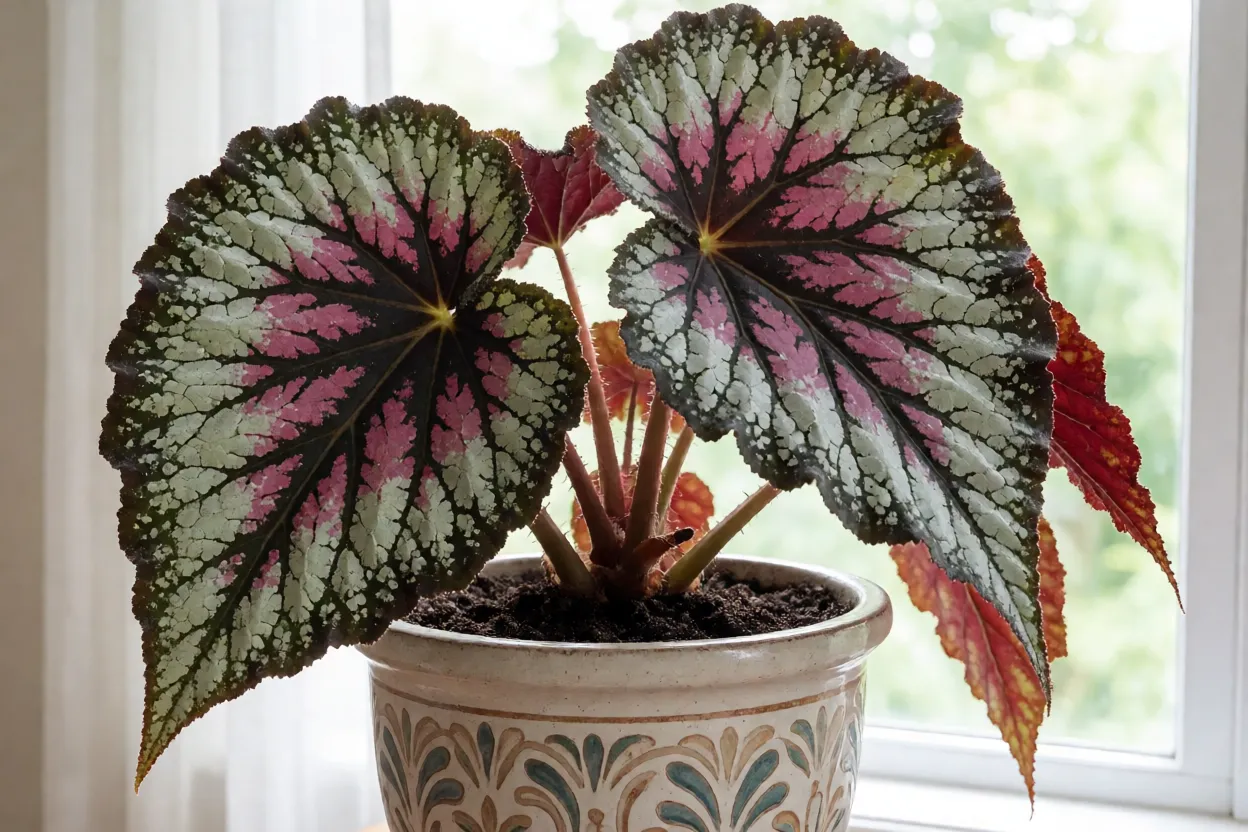 Begônia-rex Begônia-rex adulta em vaso de cerâmica com folhas grandes prateadas e rosadas