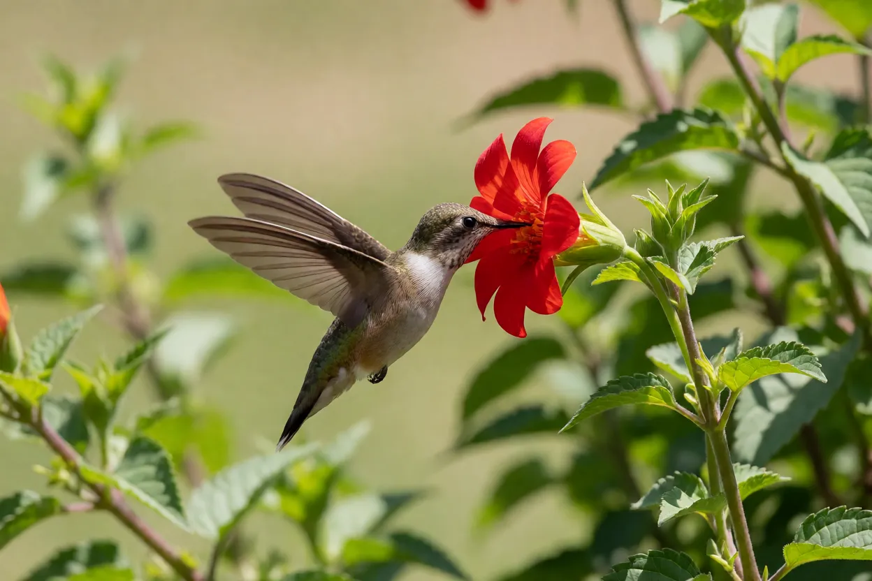 Beija-flor em voo pairado com asas em movimento diante de flor vermelha