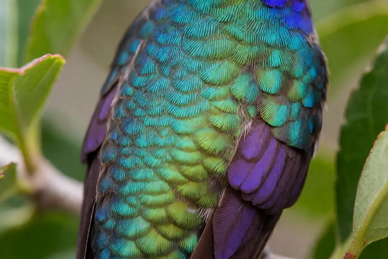 Detalhe da plumagem iridescente verde e azul de beija-flor