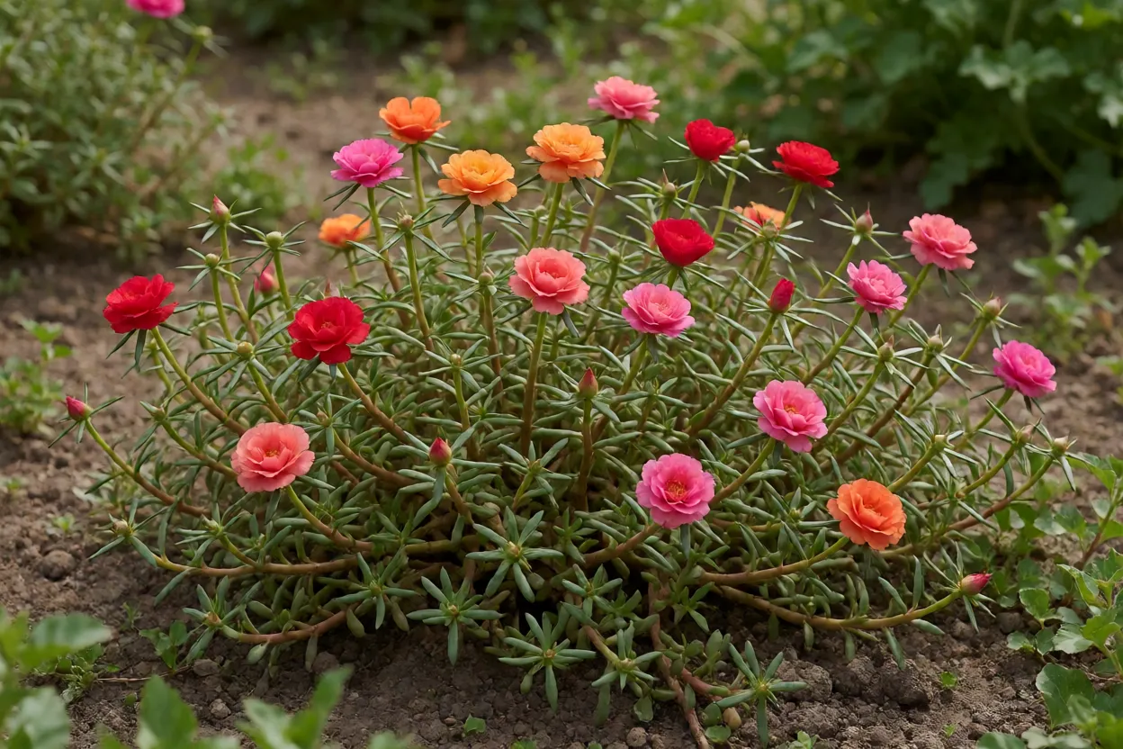 Beldroega Portulaca grandiflora florida em canteiro de jardim a pleno sol
