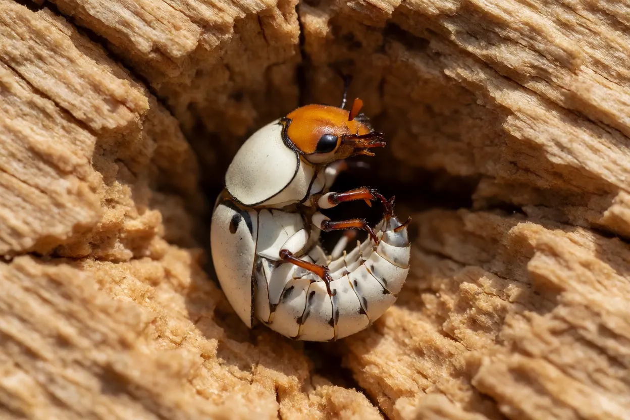 Larva branca em forma de C do besouro-cervo dentro de madeira em decomposição
