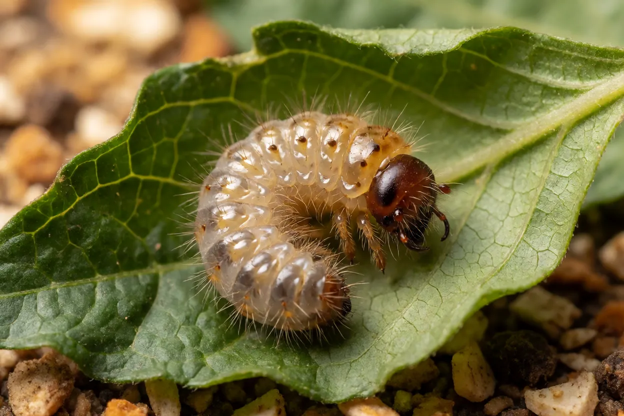 Larva branca em forma de C do besouro-do-fumo dentro de tempero
