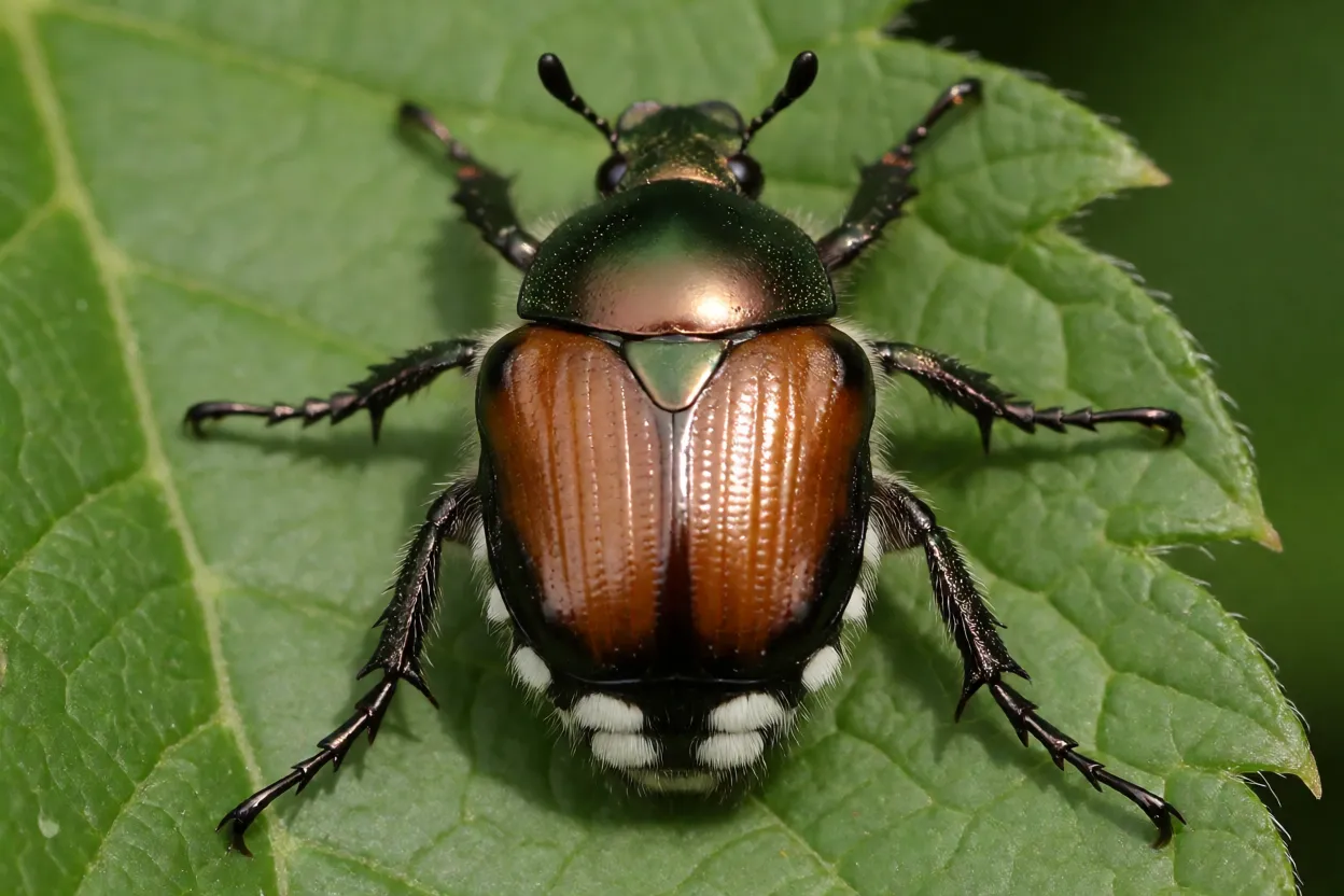 Besouro-japonês adulto visto de cima sobre folha verde, mostrando cor verde-metálica e asas cor de cobre