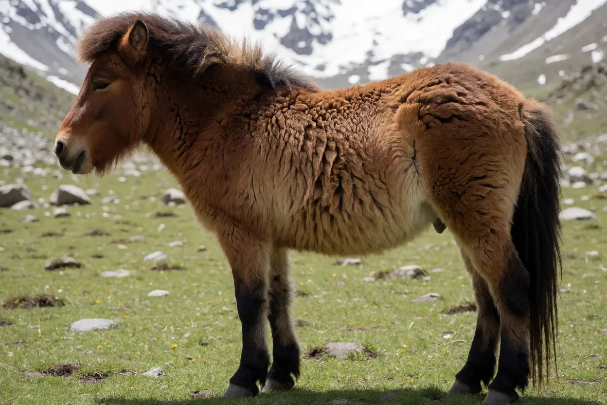Cavalo Bhutia adulto de corpo inteiro em pasto de montanha