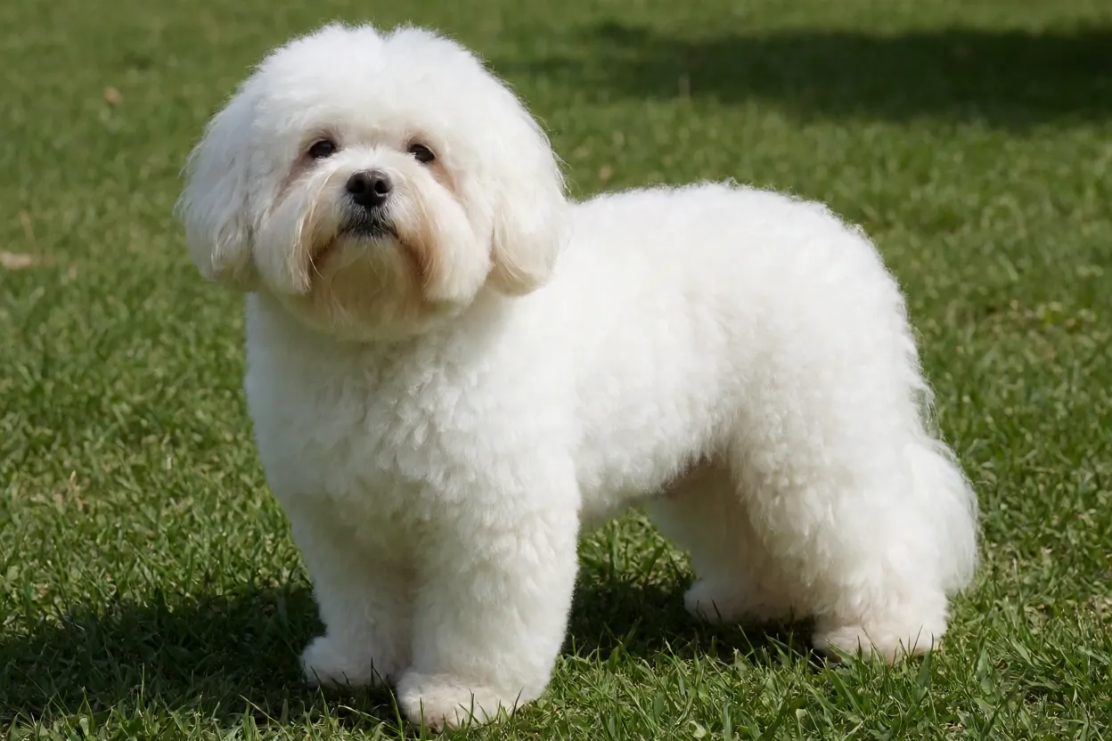 Bichon Bolonhês Bichon Bolonhês adulto de corpo inteiro em pé na grama com pelagem branca longa