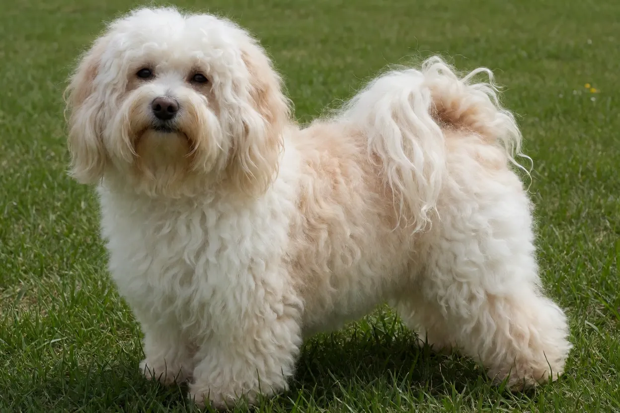 Bichon Havanês adulto de corpo inteiro em pé na grama com pelagem longa creme