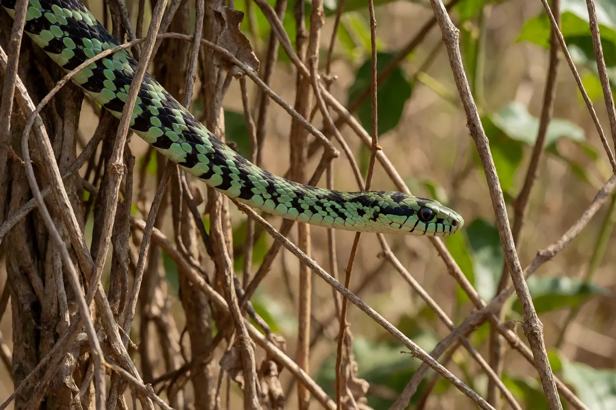 Bicuda camuflada entre cipós secos no Cerrado
