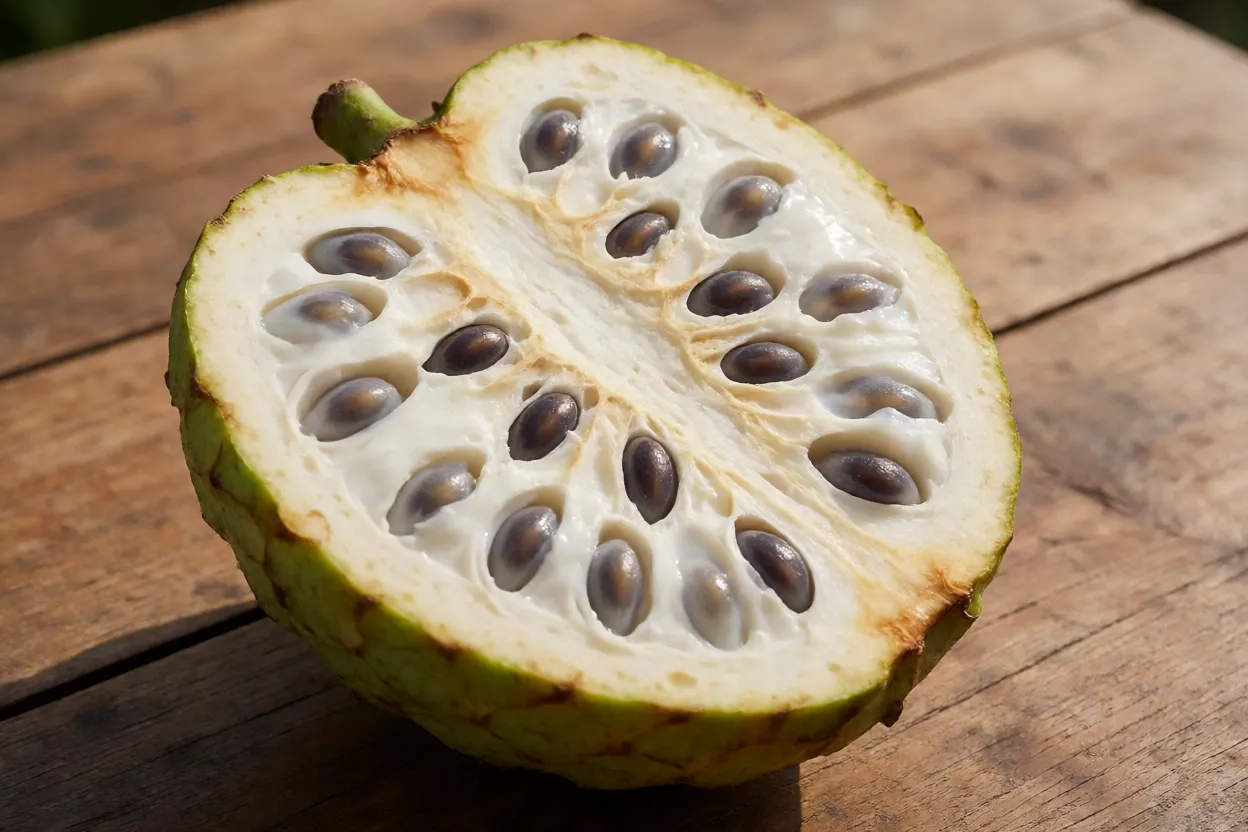 Fruto de biribá inteiro e cortado mostrando polpa branca cremosa e sementes pretas