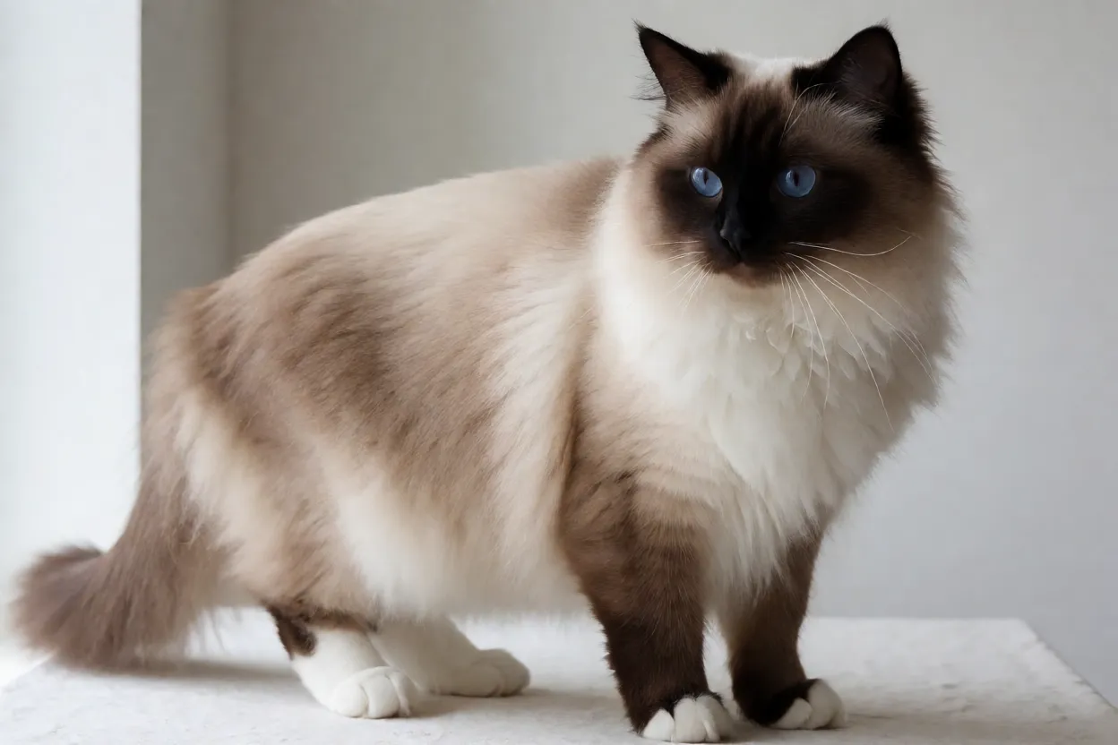 Birmanês Sagrado Gato Birmanês Sagrado adulto de corpo inteiro com pelagem seal point e luvas brancas