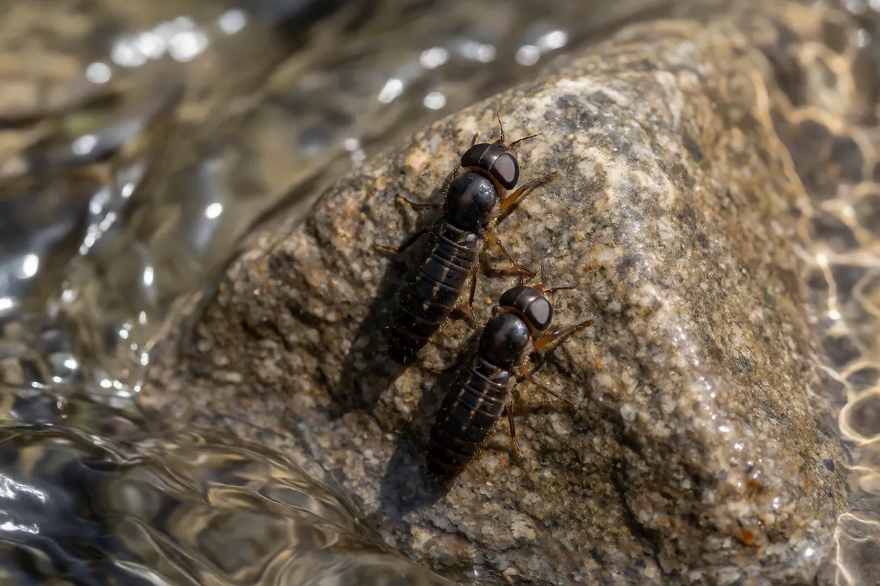 Larvas e pupas de bitu fixas em pedra submersa em água corrente