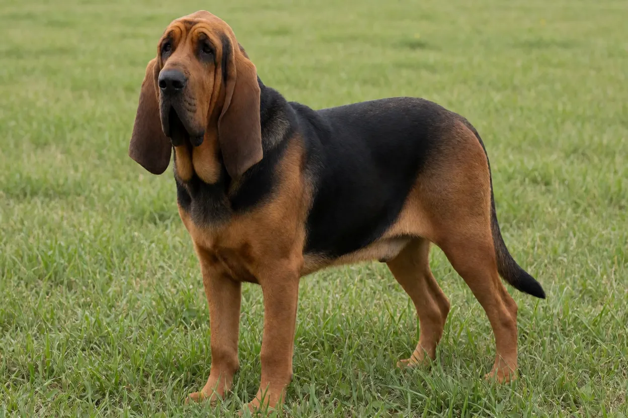 Bloodhound Bloodhound adulto de corpo inteiro em campo gramado com pelagem preto e castanho