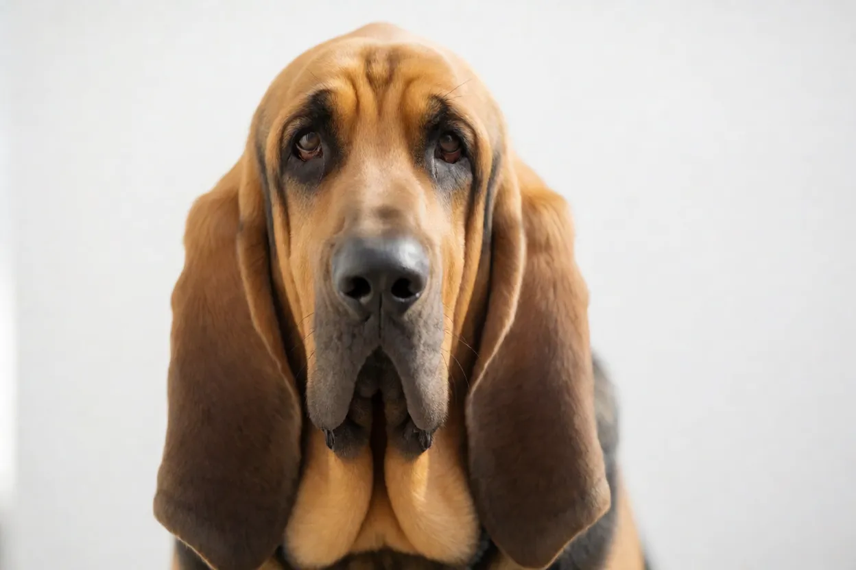 Retrato em close do rosto do Bloodhound com rugas e orelhas longas