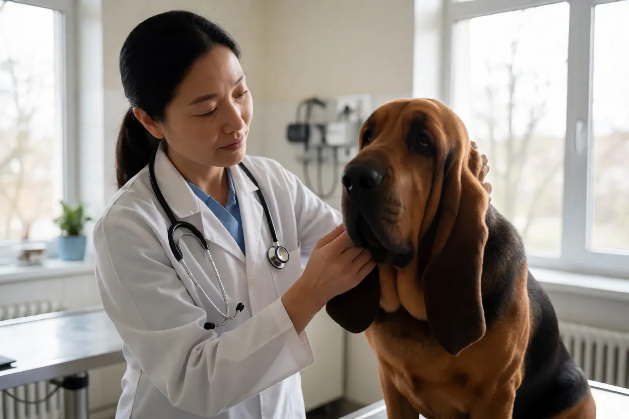 Veterin&aacute;rio examinando as orelhas de um Bloodhound