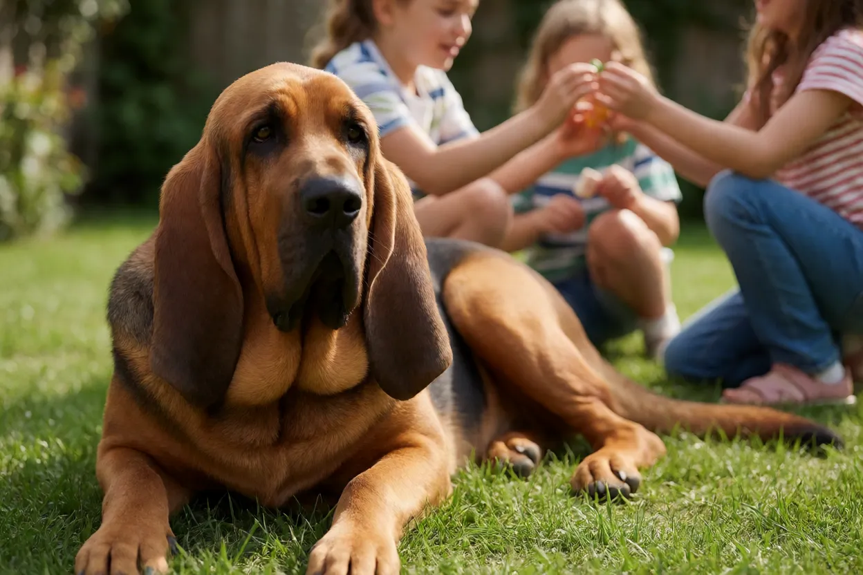 Bloodhound deitado calmamente perto de crian&ccedil;as brincando