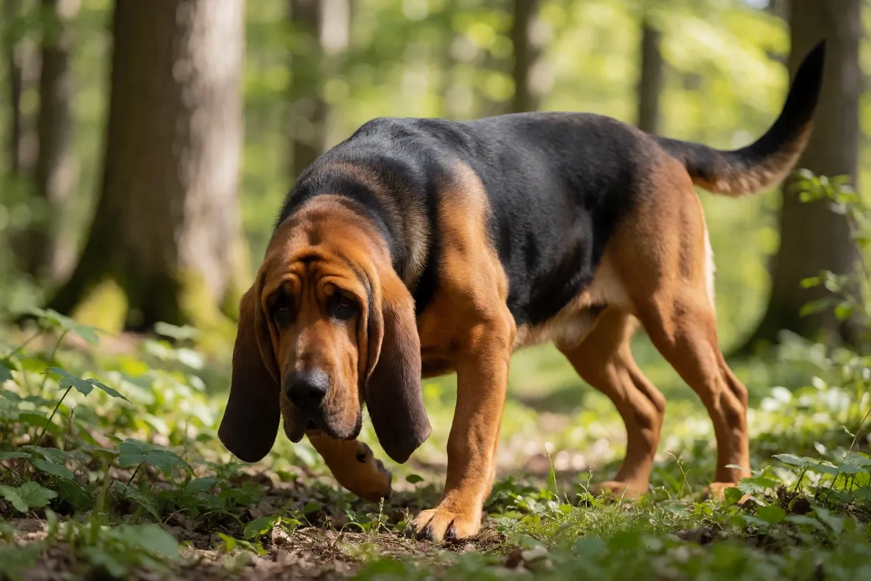 Bloodhound hist&oacute;rico em ambiente de floresta, evocando a origem medieval