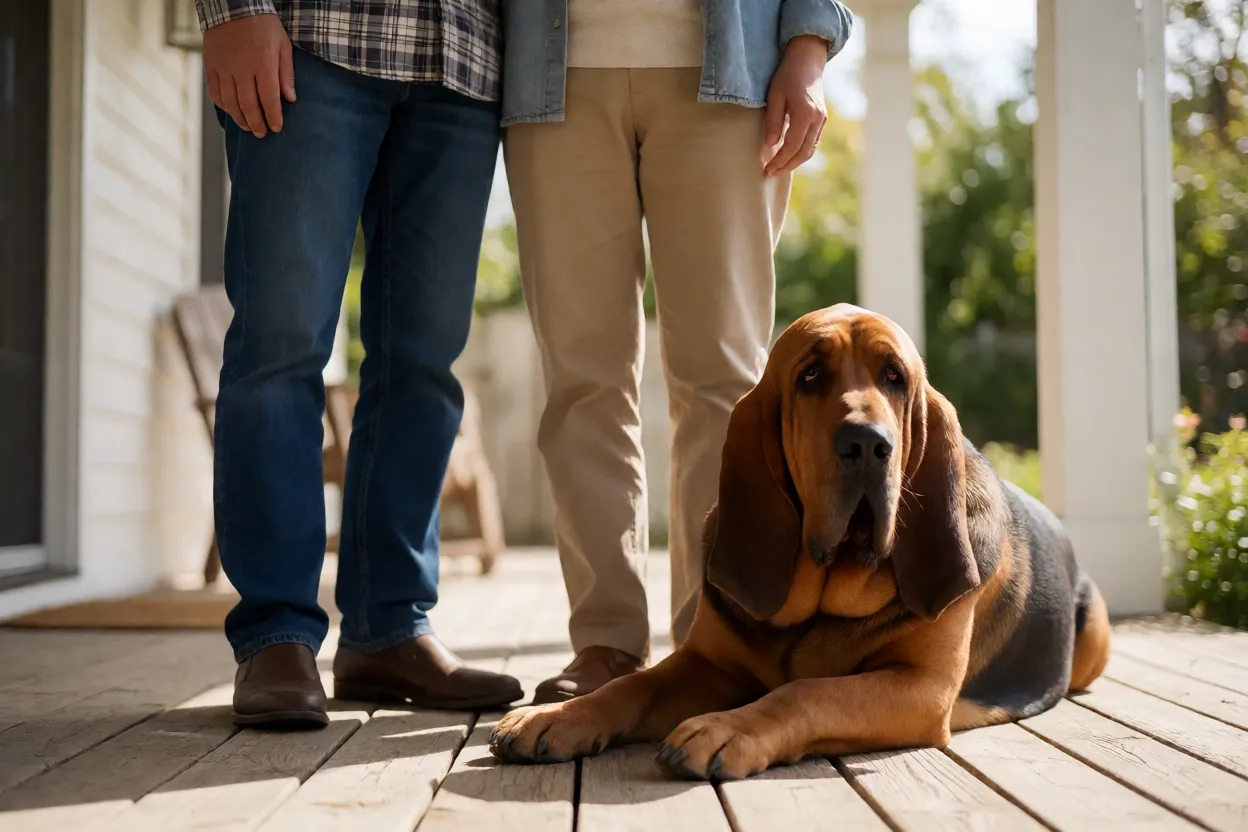 Bloodhound deitado calmamente ao lado de pessoas, mostrando temperamento d&oacute;cil