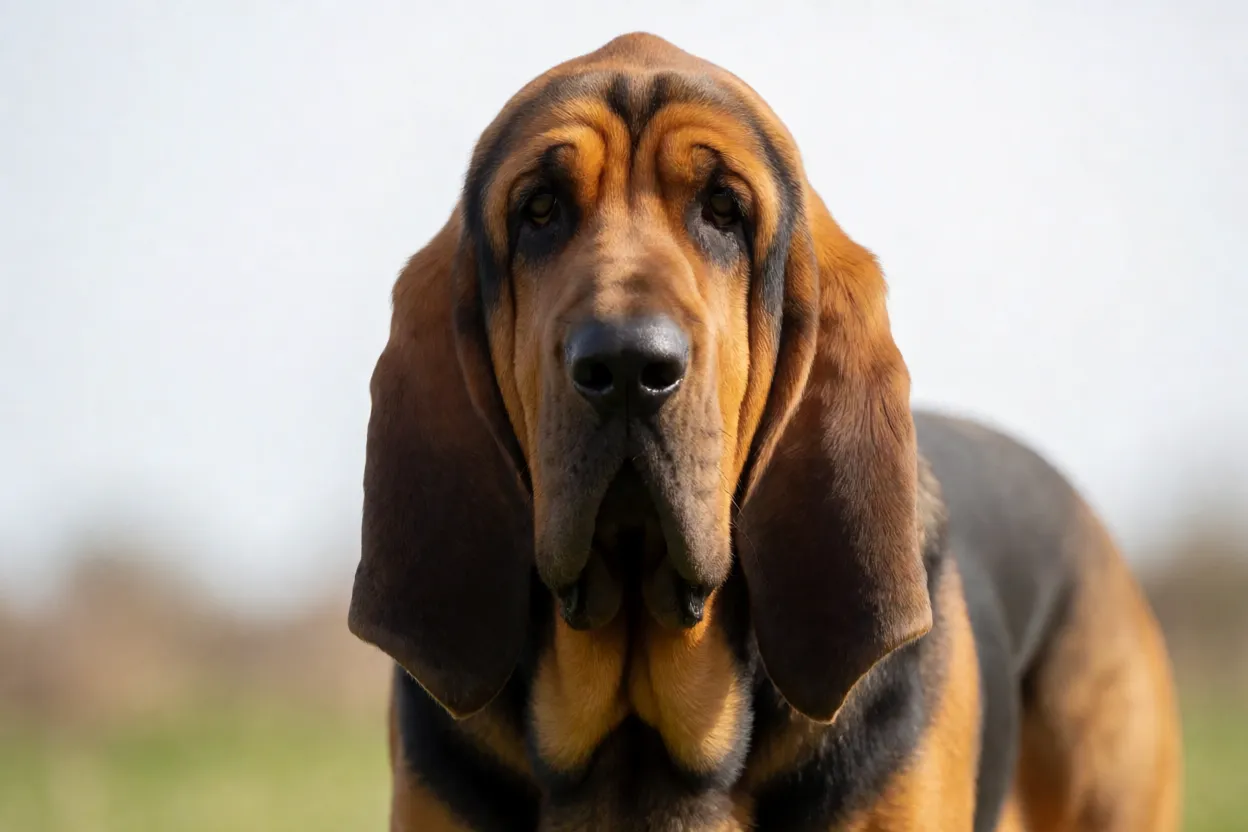 Detalhe da pelagem curta e das cores preto e fulvo de um Bloodhound