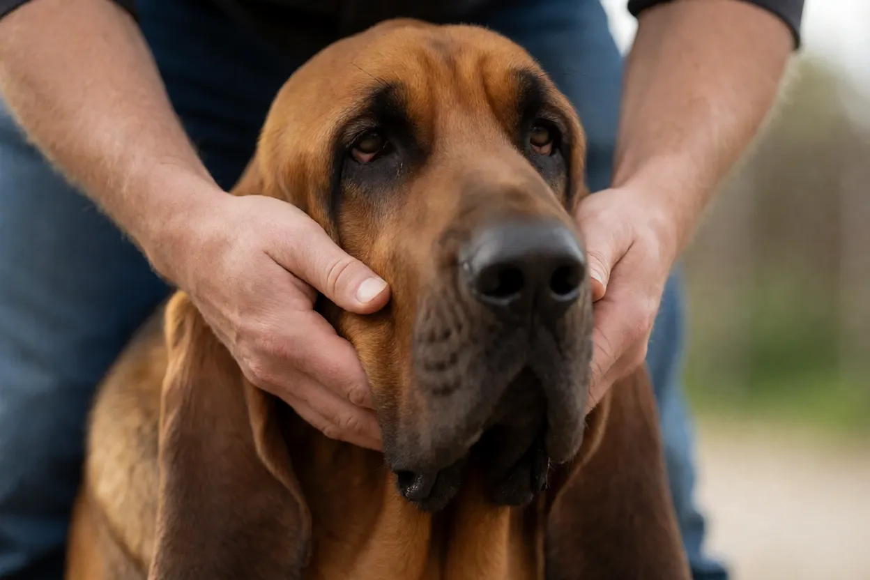 M&atilde;os limpando cuidadosamente as pregas faciais de um Bloodhound