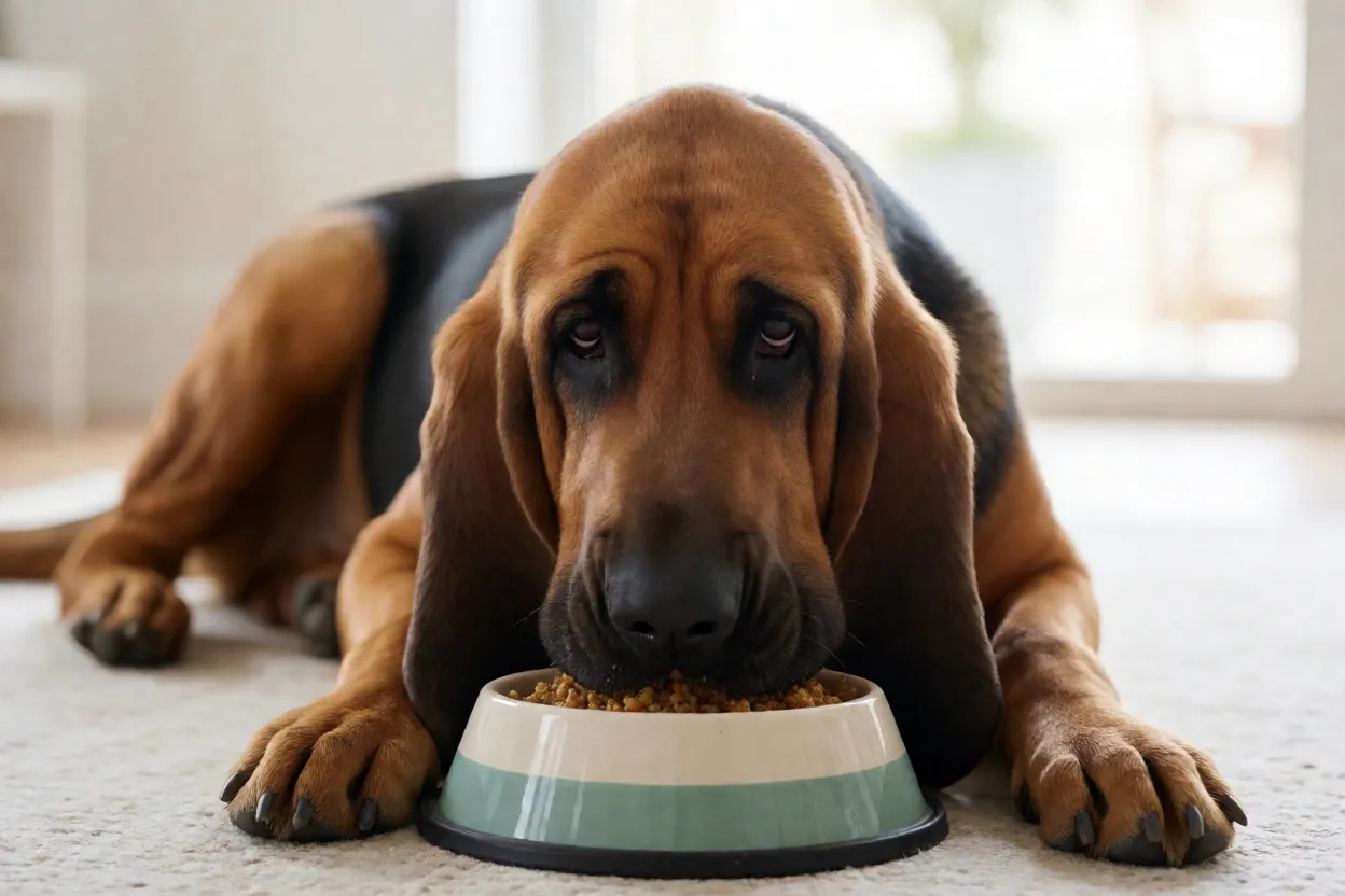 Bloodhound comendo em comedouro baixo no ch&atilde;o