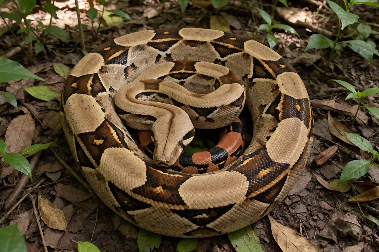 Boa-constritora adulta enrolada no chão da floresta mostrando padrão de selas e cauda avermelhada