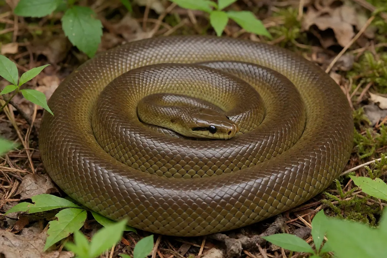 Boa-da-borracha adulta enrolada no chão da floresta mostrando corpo cilíndrico e cor uniforme