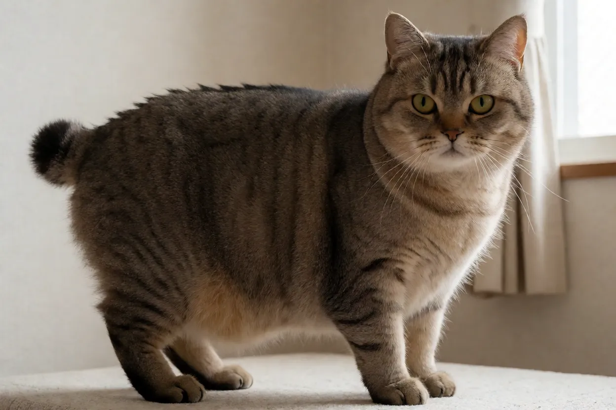 Gato Bobtail das Curilas adulto de corpo inteiro mostrando o rabo pom-pom característico