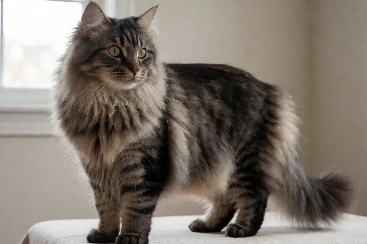Gato Bobtail das Curilas de Pelo Longo adulto de corpo inteiro mostrando cauda curta em pompom