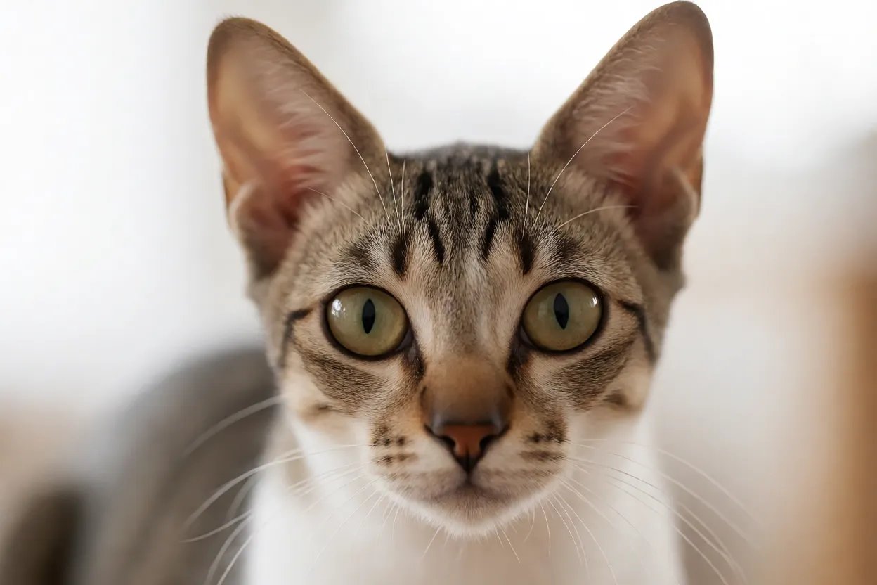 Retrato em close do rosto do gato Bobtail Japonês mostrando orelhas grandes e olhos ovais
