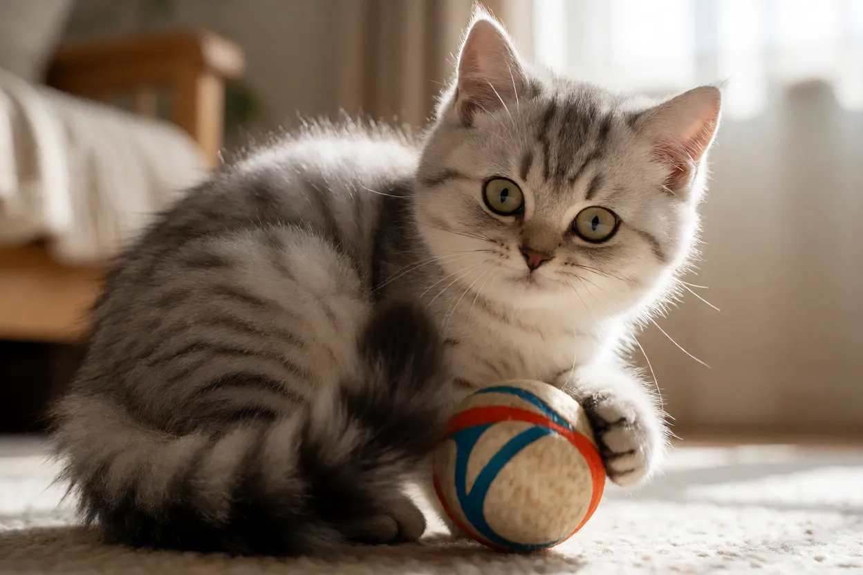 Filhote de Bobtail Japonês brincando com bolinha