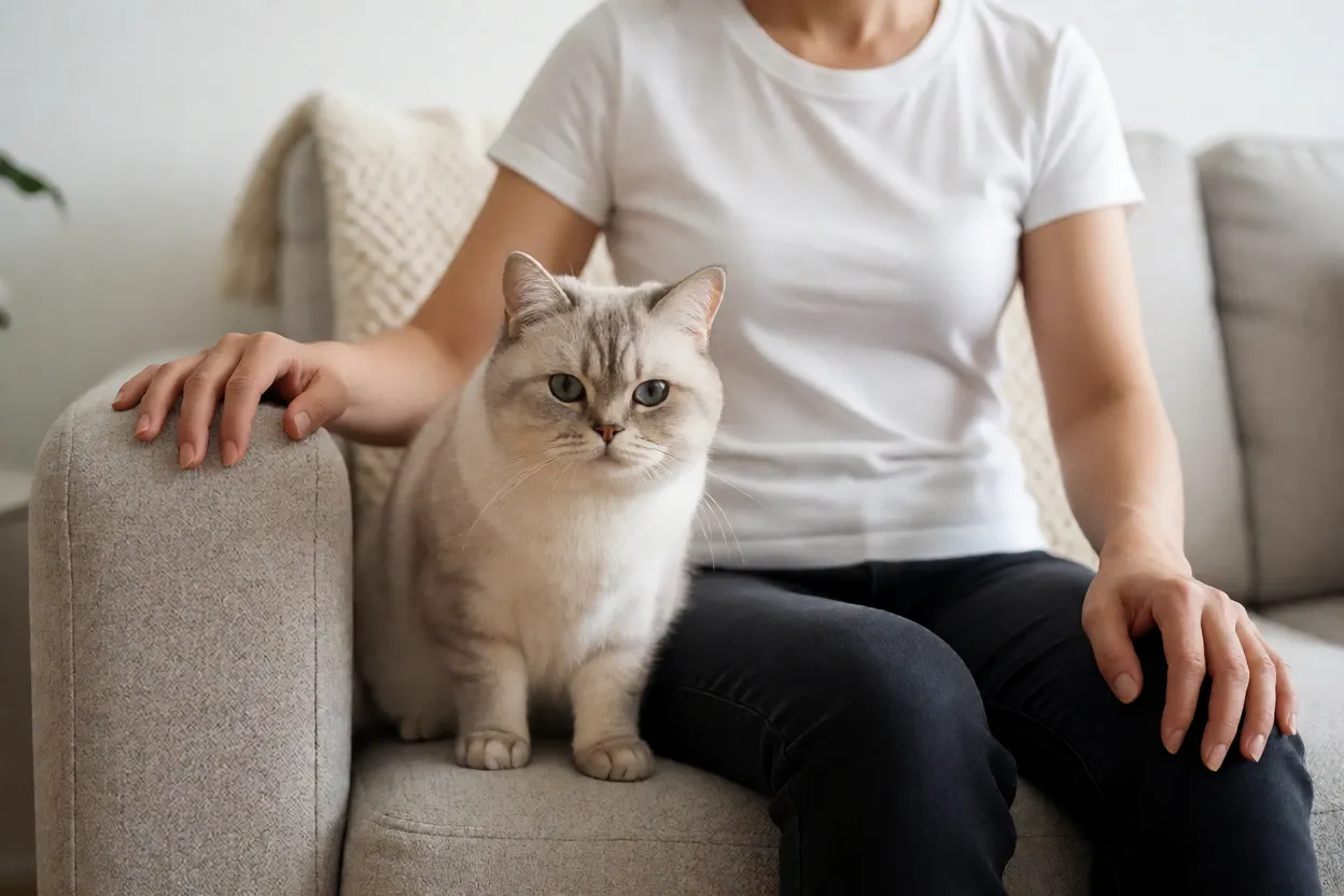Bobtail japon&ecirc;s adulto relaxado ao lado do tutor