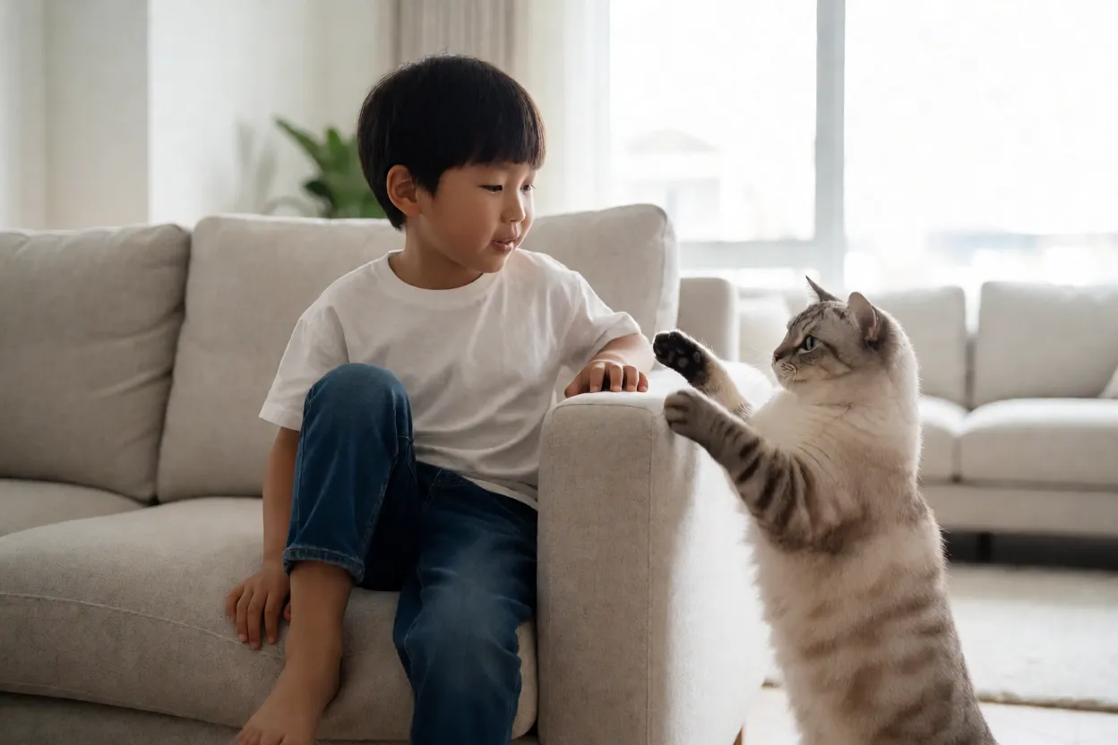 Bobtail japon&ecirc;s brincando com uma crian&ccedil;a em ambiente familiar
