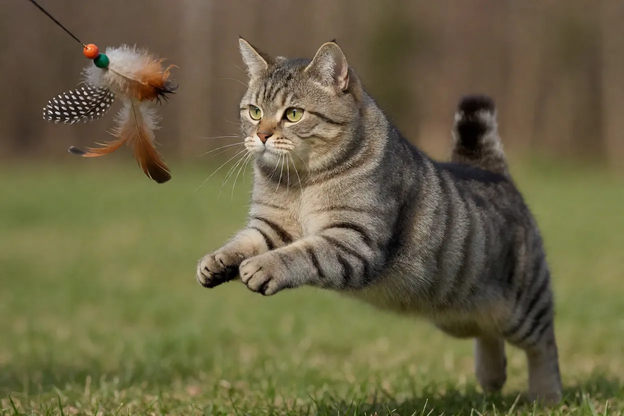 Bobtail japon&ecirc;s saltando atr&aacute;s de um brinquedo de pena