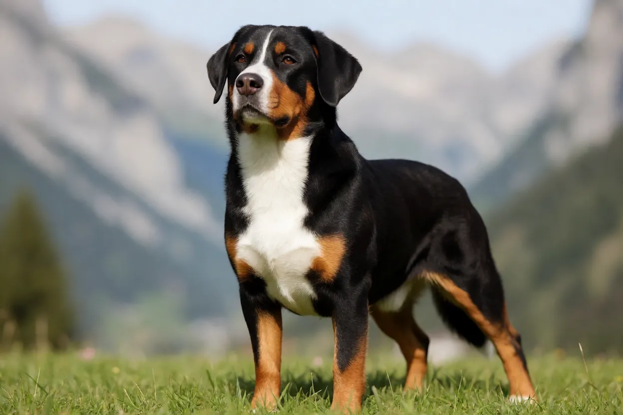 Boiadeiro de Entlebuch: tamanho, inteligência, personalidade e cuidados Boiadeiro de Entlebuch adulto em pose alerta mostrando pelagem tricolor