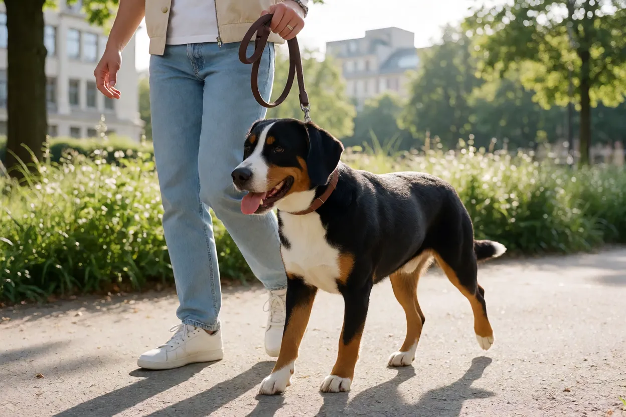Boiadeiro de Entlebuch: tamanho, inteligência, personalidade e cuidados Boiadeiro de Entlebuch em caminhada matinal com tutor