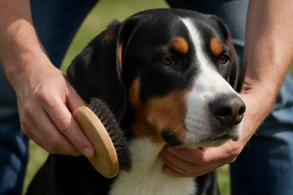 Boiadeiro de Entlebuch: tamanho, inteligência, personalidade e cuidados Boiadeiro de Entlebuch sendo escovado mostrando pelagem curta densa