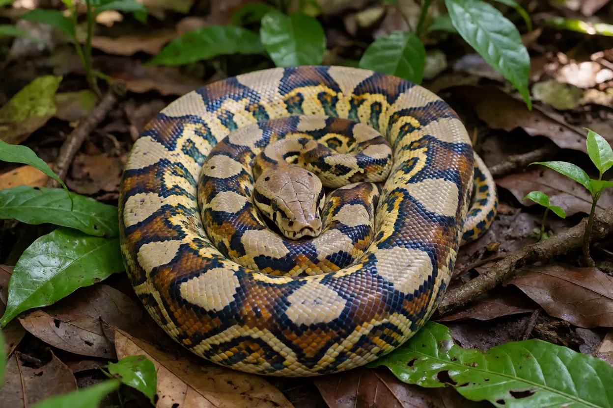 Boiúna adulta enrolada no chão da floresta mostrando o brilho arco-íris